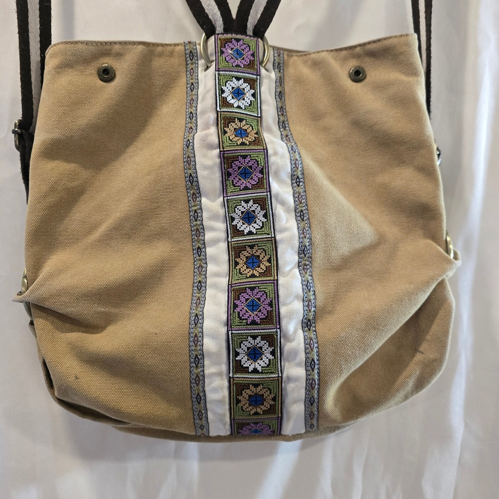 Goodhan Tan Canvas Backpack Convertible Shoulder Bag Boho Geometric Trim‎